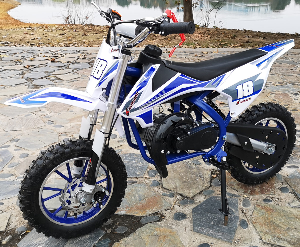 Hawkmoto Strike V2 50cc Kids Mini Dirt Bike Blue Outside Play