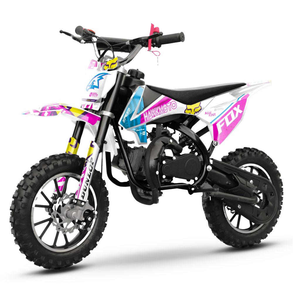 Hawkmoto mayhem v3 50cc kids mini dirt bike white – pink fox