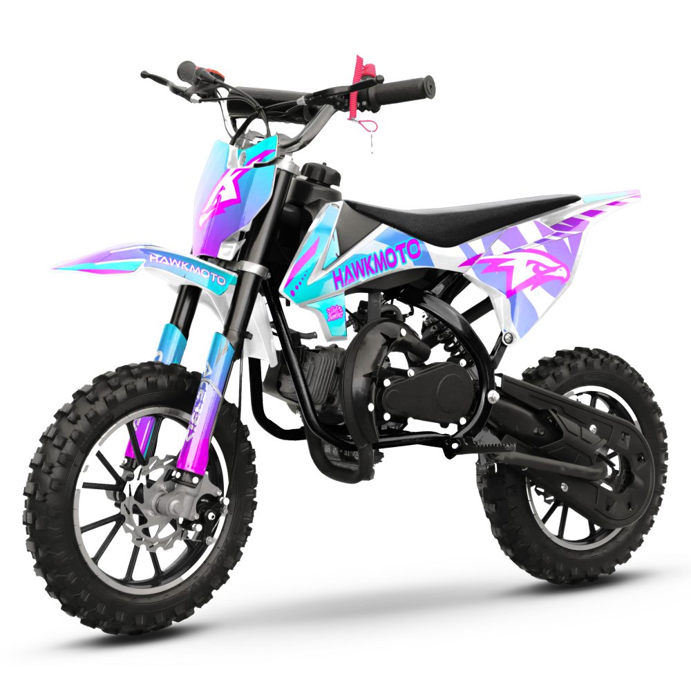 Hawkmoto mayhem v3 50cc kids mini dirt bike white – neon tiger