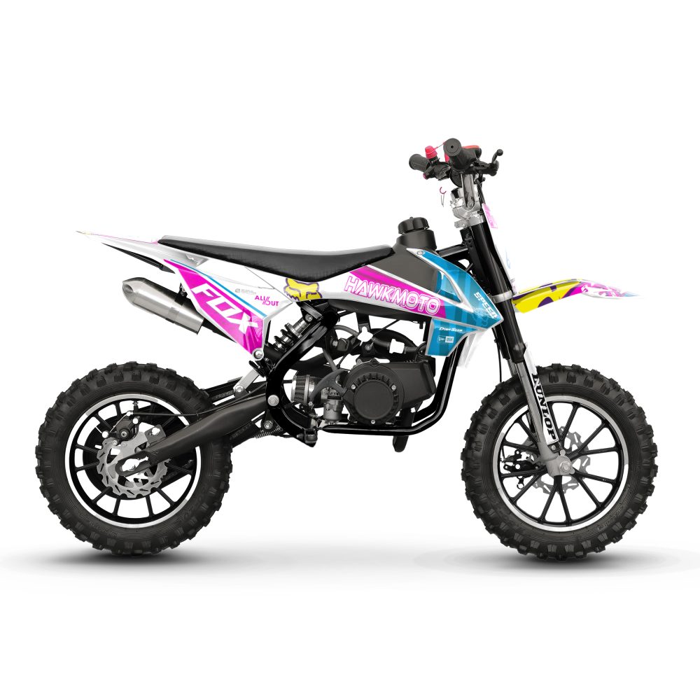 Hawkmoto mayhem v3 50cc kids mini dirt bike white – pink fox