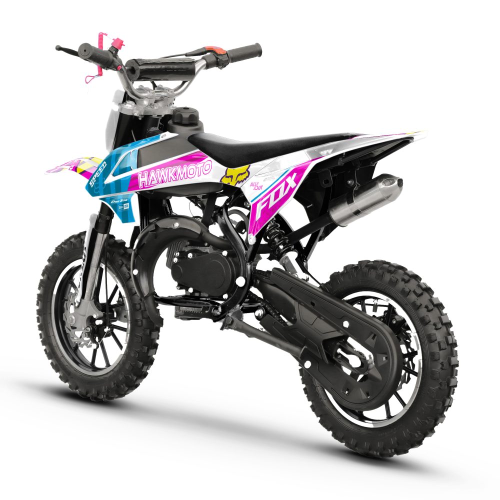 Hawkmoto mayhem v3 50cc kids mini dirt bike white – pink fox